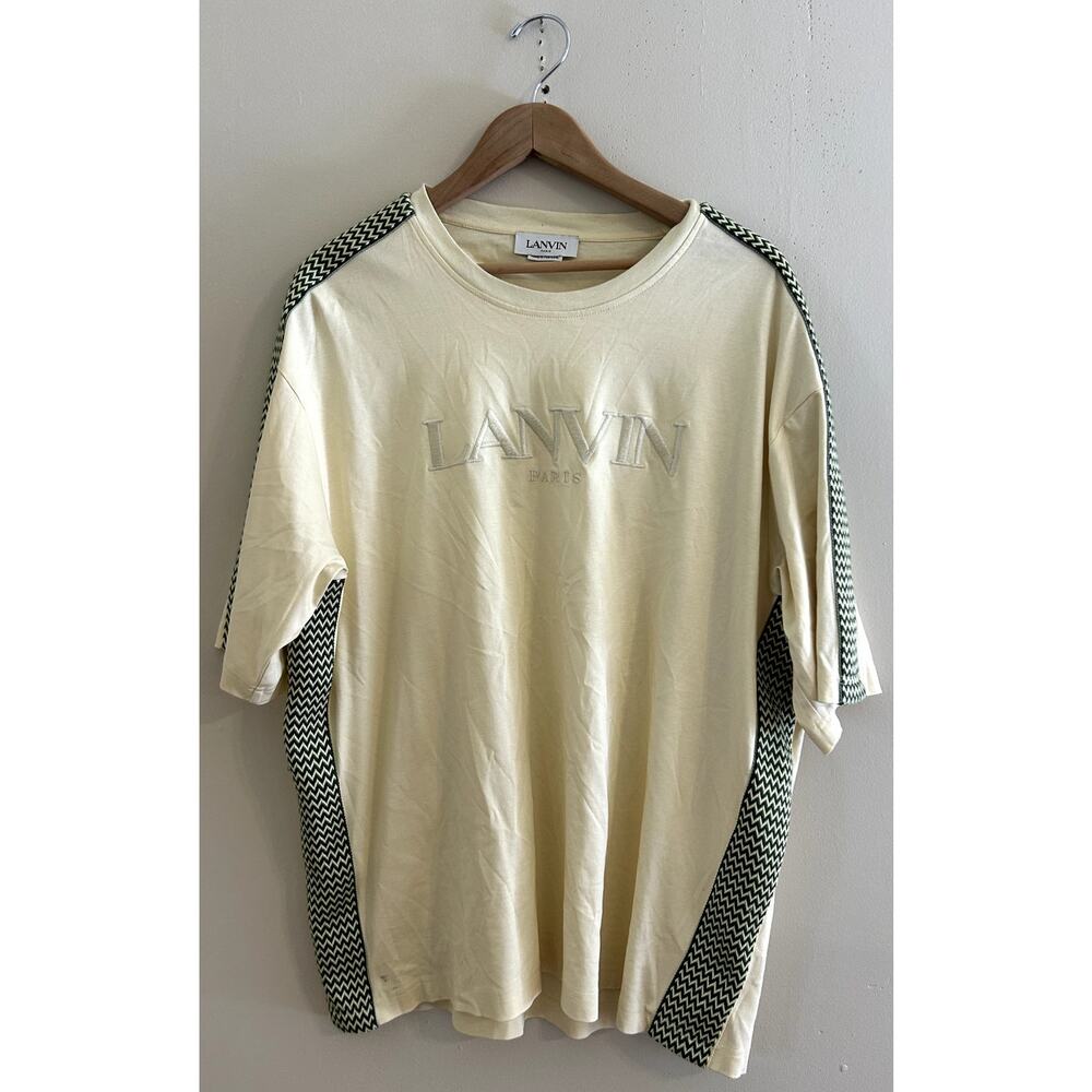 Cream Green Stripe Lanvin Logo Embroidered Cotton T-shirt Men's XL Tall